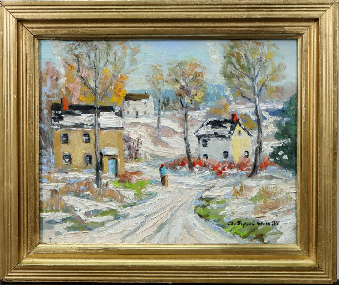 Christopher Willett (born 1959): Oil on board, "Long Walk Home, Plumbstead - Bucks County", SLR. Winter landscape with a figure walking up a snow swept path. 8"h x 10"w and 10.5"h x 12.5"w framed