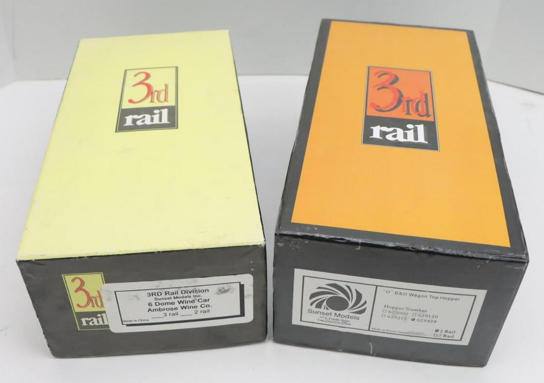3rd Rail Train Cars: Sunset Models, O Gauge, Ambrose Wine Co 6 dome wine car #6303 and Baltimore & Ohio wagon top hopper car #629439.
