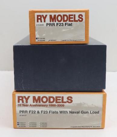 PRR Train Cars and Girder Bridge: O Gauge, F22 & F23 flat cars with Naval gun load #435317 & #925527, PRR F23 flat car and Precision Brass Artwork Through Plate- Girder Bridge with rounded top corners. Limited edition numbered 1/12.