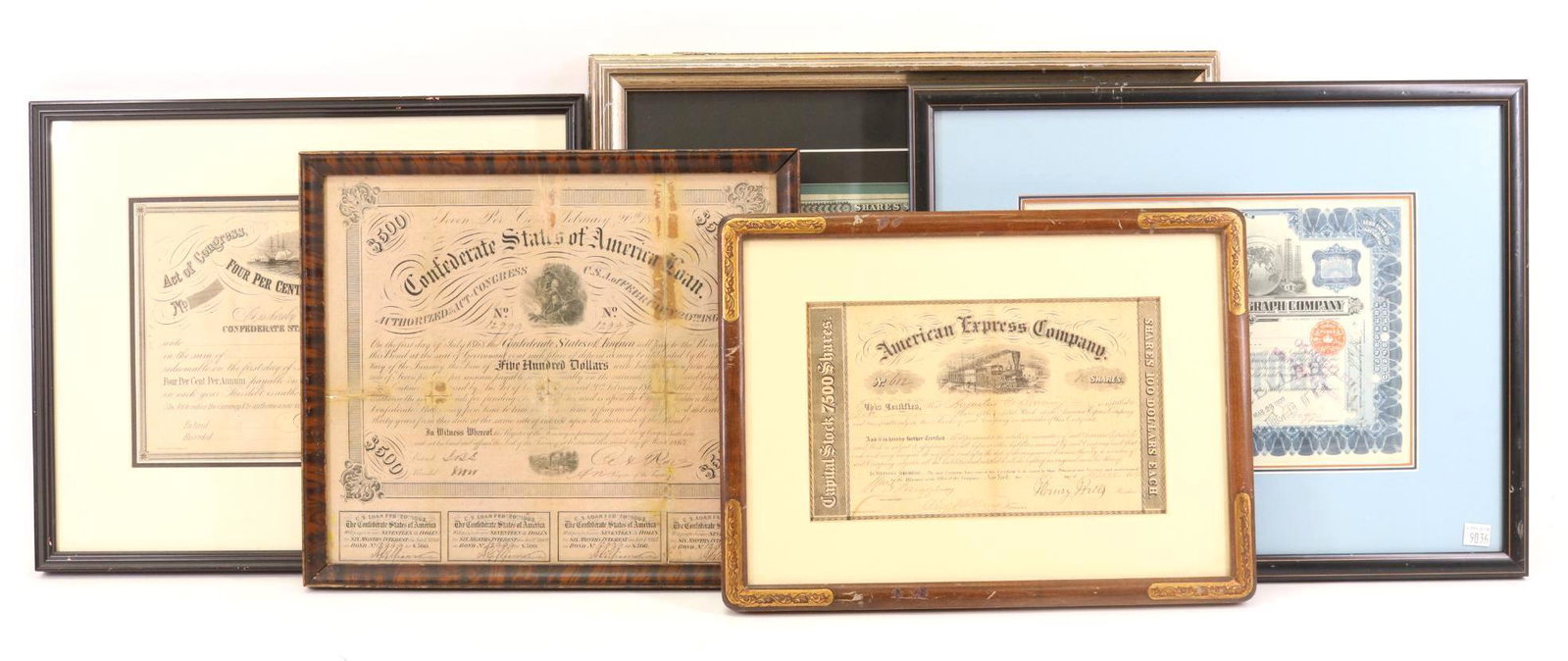 Stock Certificates and Confederate Bonds: Collection of stock certificates and Confederate bonds including; 1.) Stock certificate for 70 shares of the American Express Company dates March 10, 1854 signed by William G. Fargo (1818-1881) Americ
