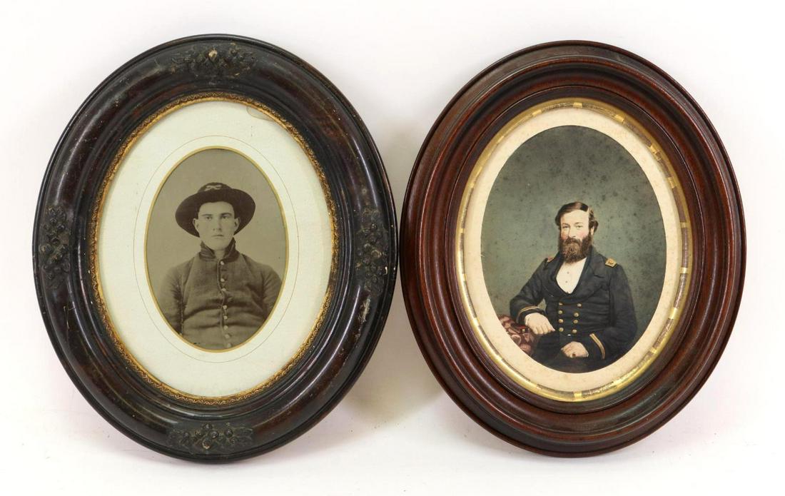 Civil War Photography: Pair of Civil War photographs including; 1.) Tintype measuring 6.5" x 4.5" showing a waist up view of a cavalry soldier wearing a shell jacket and a slouch hat with crossed saber insignia. Image house