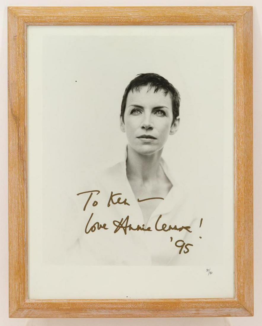 Autograph of Annie Lennox: Autographed black and white portrait photograph of Annie Lennox (Born 1954) Scottish singer-songwriter, political activist and philanthropist. Photograph signed "To Ken, Love Annie Lennox! 95". Photog