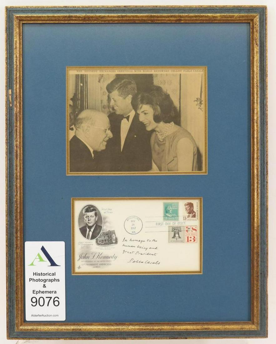 Autograph of Musician Pablo Casals: Autographed first day postal cover by Pablo Casals (1876-1973) Spanish and Puerto Rican cellist, composer, and conductor. Cover dated May 29, 1967 and signed "In homage to the honor being and great Pr