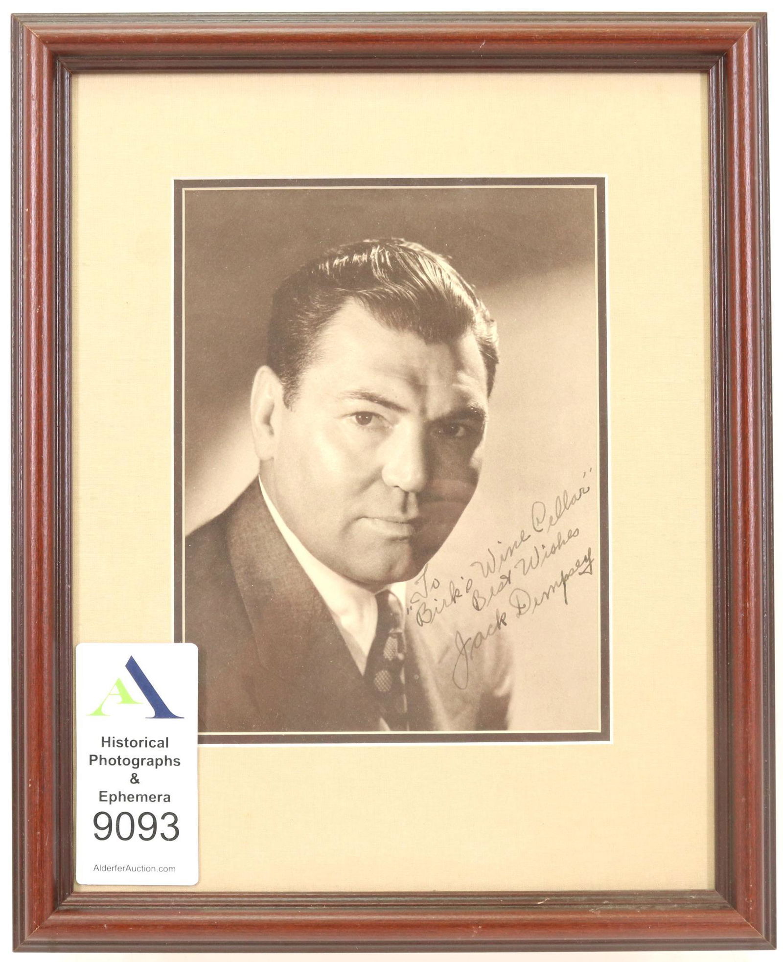 Autograph of Jack Dempsey: Autograph portrait of Jack Dempsey (1895-1983) American boxer. Portrait signed "To Birk's Wine Cellar, Best Wishes, Jack Dempsey" Portrait measures 9" x 7" (sight) and is housed in frame measuring 15.