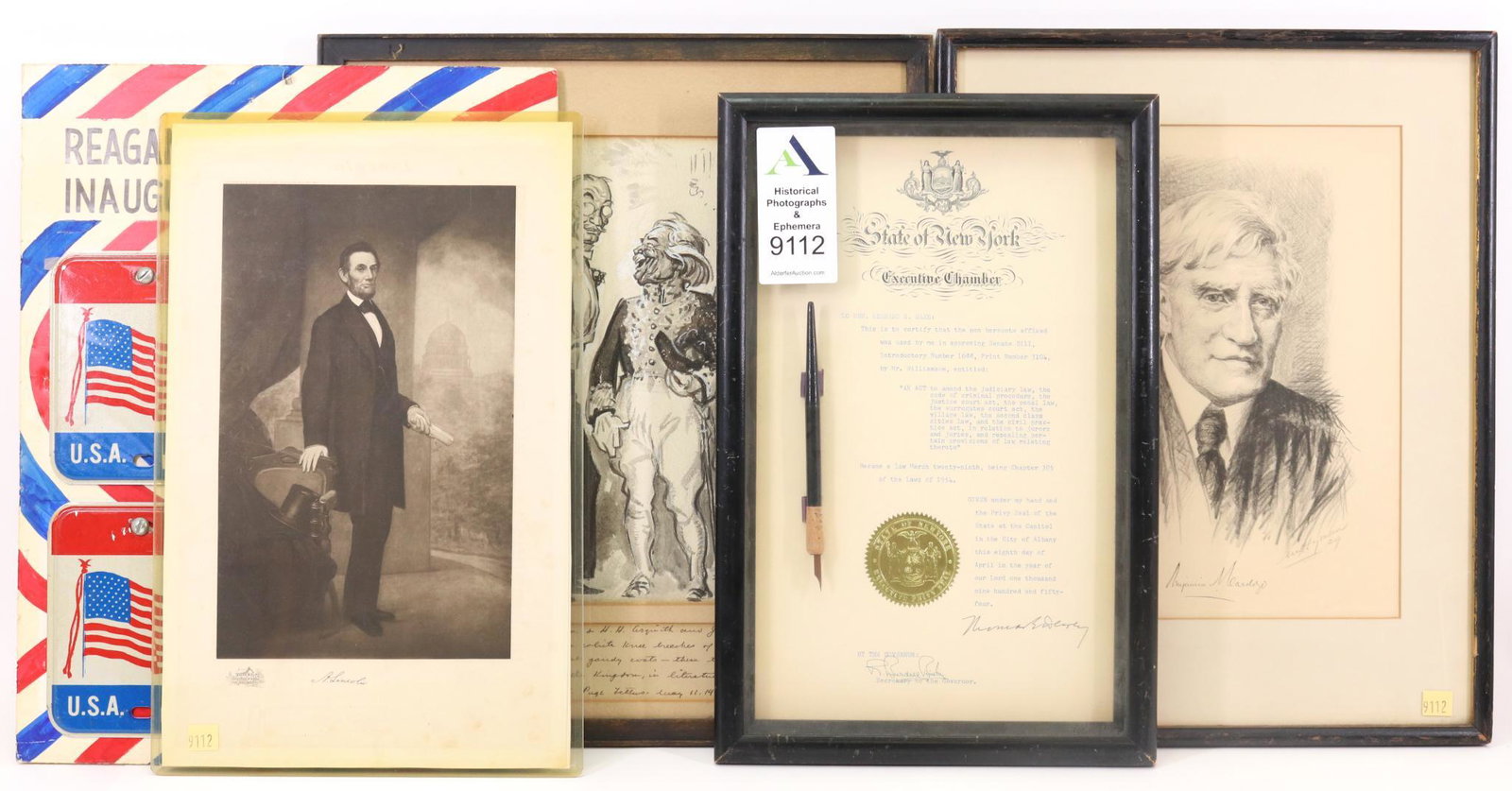 Political Related Ephemera and Items: Collection of political related ephemera and items including; 1.) Pen and document given to Honorable Leonard S. Saye signed by Governor Thomas Dewey on April 8, 1954. Pen was used by governor to sign