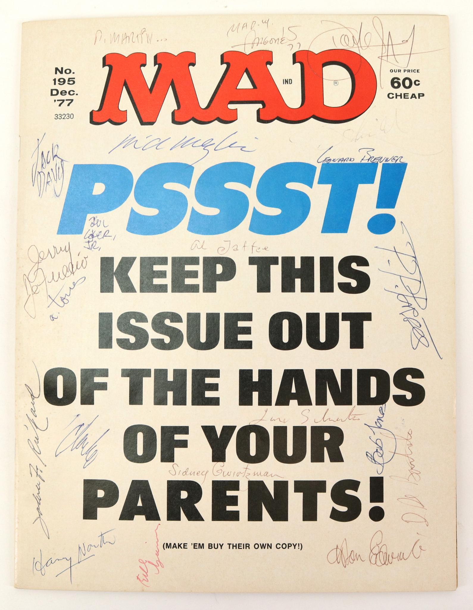MAD Magazine Artist Signed Cover: MAD Magazine edition for December 1977 with cover signed by 20 artists employed by Mad Magazine including; Al Jaffee (Born 1921) American cartoonist. Jack Davis (1924-2016) American cartoonist and ill
