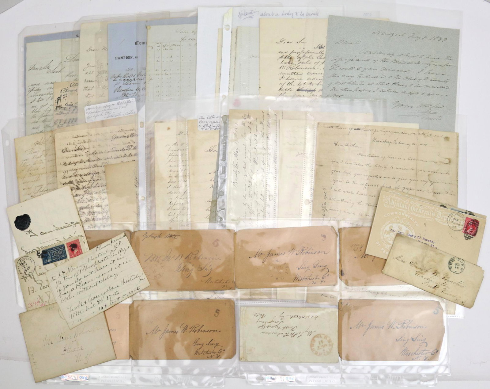 Ephemera and American Postal History: Collection of 40 letters, document and postal covers (many stampless) with most dating from the mid 19th century. Of note are pair of letters and envelopes from the Adjutant General's Department of Pe