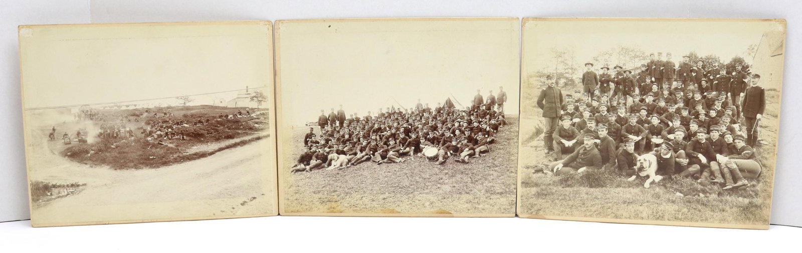 Post Civil War American Military Photography: Collection of three large format silver gelatin photographs of post-Civil War American soldiers (believed to be the 1st Connecticut National Guard) in the field including; 1.) Image of camp with activ