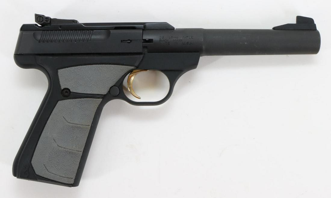 Browning Buck Mark Semi Automatic Pistol: 22LR, 5 1/2" bbl, SN 515ZW47166. 98% blue finish shows light handling with faint scuffs on barrel, good bore, adjustable sights, wide ribbed gold tone target trigger, plastic grips with gray rubber in