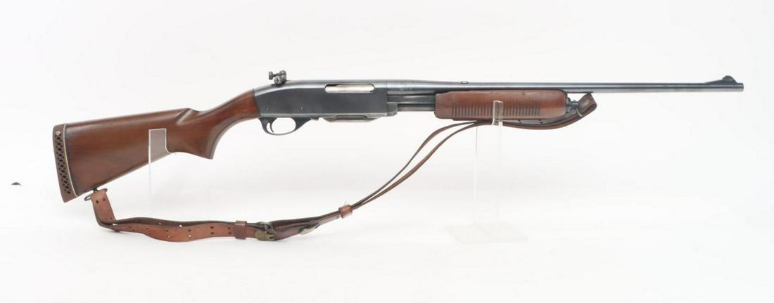 Remington Model 760 Gamemaster Pump Action Rifle: 300 Savage, 22" bbl, SN 49377. 95% blue finish shows average handling with scattered light freckles and thinning on crisp edges, good bore, factory rear sight removed and dovetail filler piece install