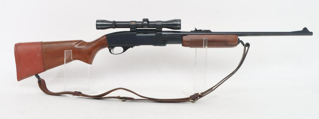 Remington Model 760 Gamemaster Pump Action Rifle: 30-06, 22" bbl, SN 408626. 98% blue finish shows light handling, good bore, Weaver K4 scope with fine cross hairs and clear optics mounted on vintage Weaver tip off mounts, wood stock with ribbed fore