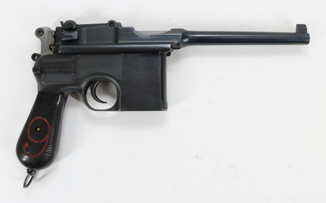 Mauser/ Oyster Bay Ind. "Red 9" C96 Broom Handle Pistol With Wood Holster/Shoulder Stock Semi: 9mm, 5 1/2" bbl, SN 107611. 98% reblue finish shows light thinning on crisp edges, good bore, right side of frame above grip marked Waffenfabrik Mauser Oberndorf A. Neckar, left side of frame above tr