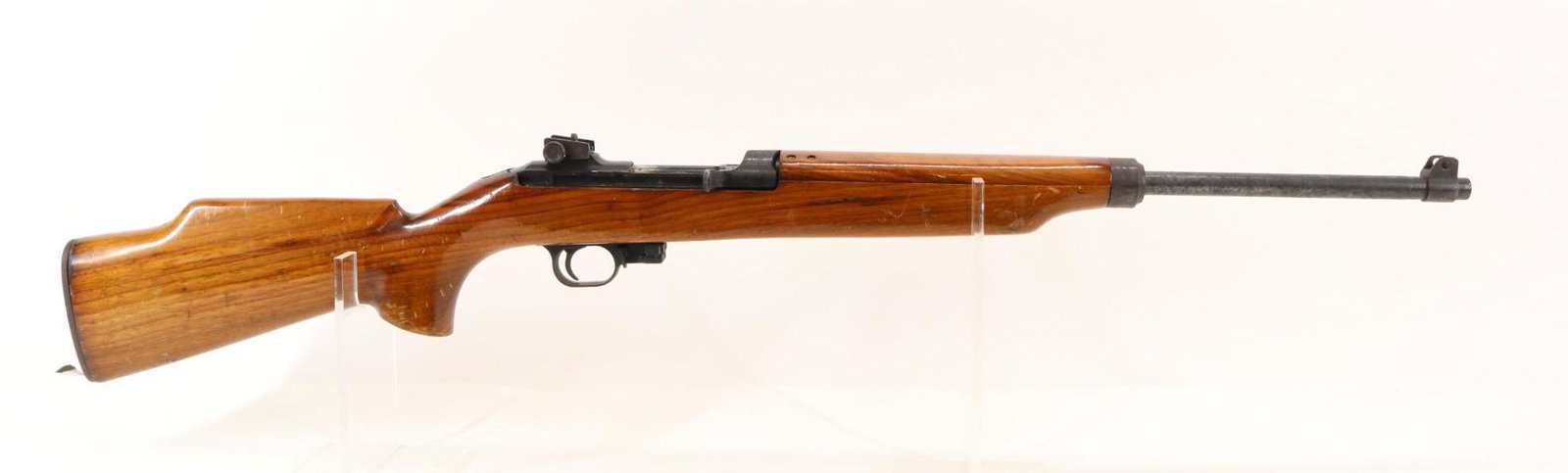 Plainfield Machine Co M1 Carbine Post War Commercially Produced Semi Automatic Rifle: 30 Carbine, 18" bbl, SN 31123. 40% blue finish on barrel shows moderate rusting, and areas of paint finish loss on receiver, good bore, fair bore, steel butt plate shows heavy rusting, wood stock show