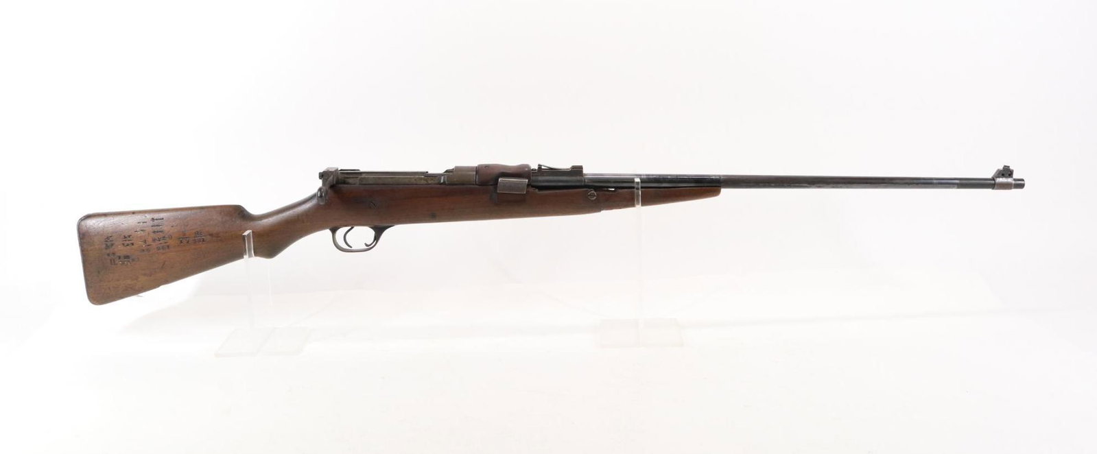 Ross MKII Sporter Bolt Action Rifle: 303 Britt, 28" BBL, NSN. Dark brown/gray patina, good bore, good right side magazine follower compressor for loading loose ammo, missing parts of rear sight, wood stock shows average handling and is m