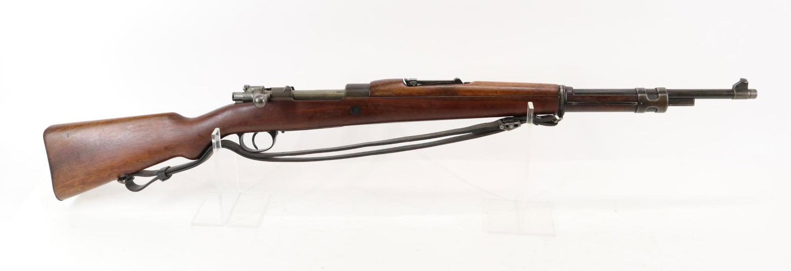 FN ABL Belgian Model 1950 Mauser Bolt Action Rifle: 30-06, 23 1/2" bbl, SN 18316. gray patina, good bore, receiver ring marked with large crown over B ABL 1952, top of muzzle shows 3 faint circles with a centered strike mark, nose cap and barrel band b