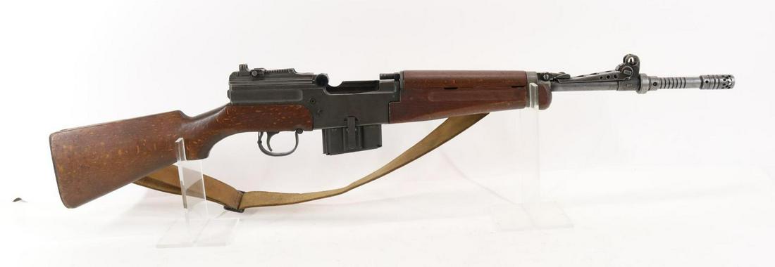 French/CAI MAS M1949-56 Semi Automatic Rifle: 7.62/308, 19" bbl, SN H04906. 85% gray parkerized type finish shows average handling barrel and grenade launcher show mostly silver/gray, good bore, threaded muzzle, flash suppressor, wood stock and f