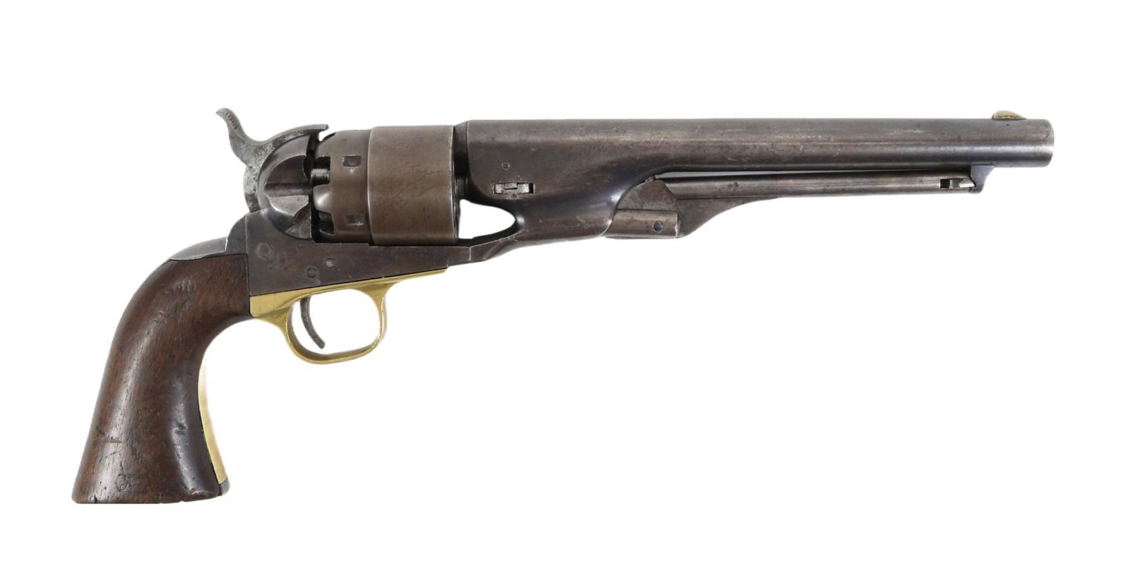 Colt Civil War Era 1860 Army Percussion Revovler: 44, 8" bbl, SN 142900 (1863) dark gray patina with traces of blue color on frame and loading lever, very good bore, matching numbers on frame, brass trigger guard, barrel,cylinder, grip strap and barr