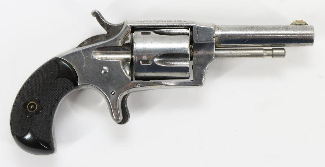 Hopkins & Allen MFG Ranger No2 Spur Trigger Revolver: .32RF, 2 3/4" bbl, SN2982. 90% nickel finish shows minor chipping on crisp edges, fair bore, checkered plastic birds head grips show light handling. Very good condition. Antique.