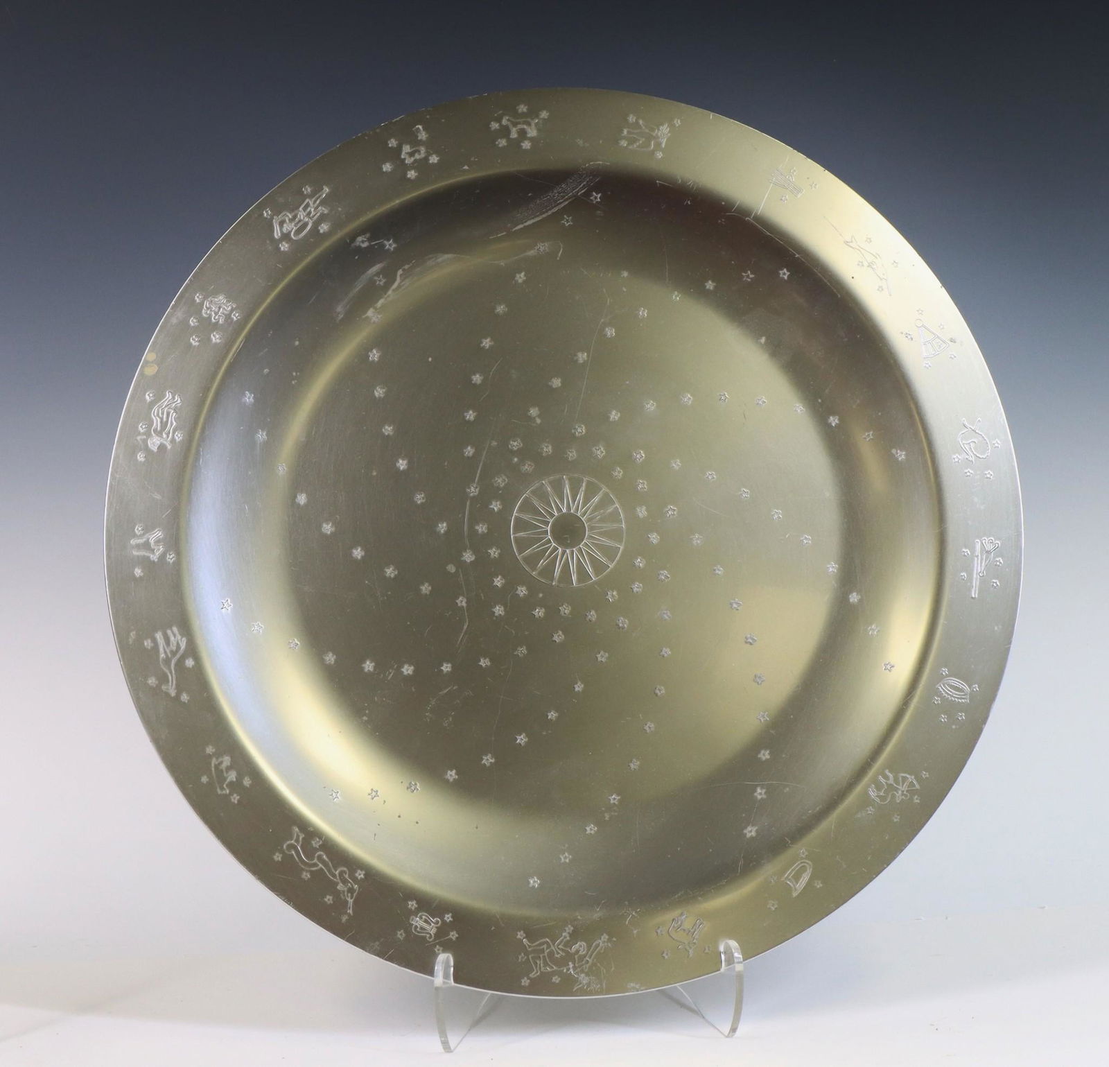 Lurelle Guild for Kensington: Art Deco "Constellation" tray with raised rim, marked on bottom. 18" round