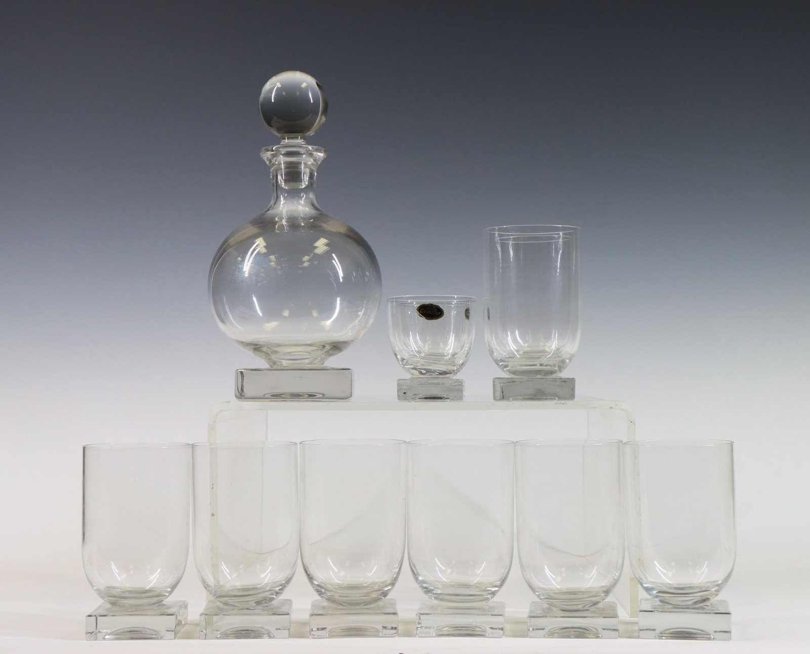 Cambridge "Square" Decanter and Glasses: Decanter, water goblets (8), and wine glasses (2). Decanter 10"h, glasses 5"h and 3"h