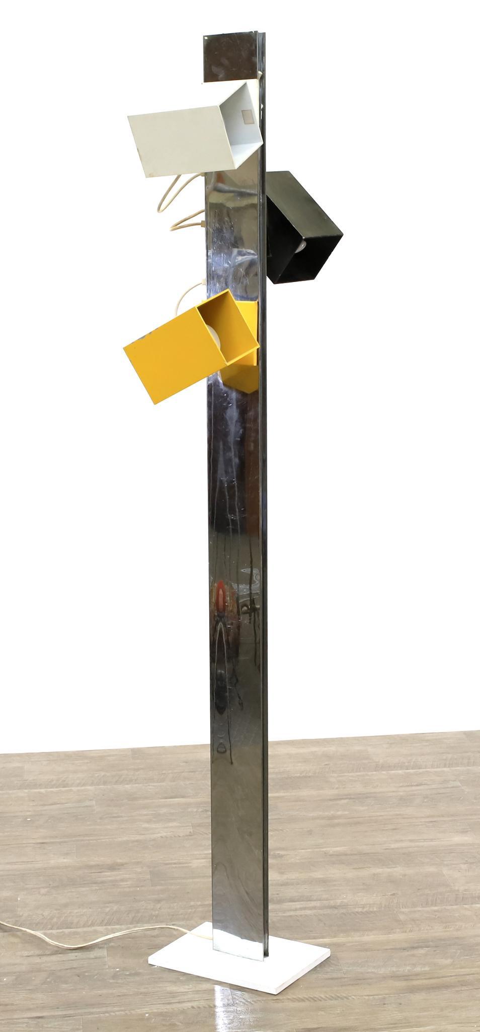 Robert Sonneman Floor Lamp: Chromed steel body and base with electrical track and cubed shades. Unmarked. 67.5"h **Please Note: This item is NOT eligible for in-house shipping. Please refer to the terms and conditions of this au