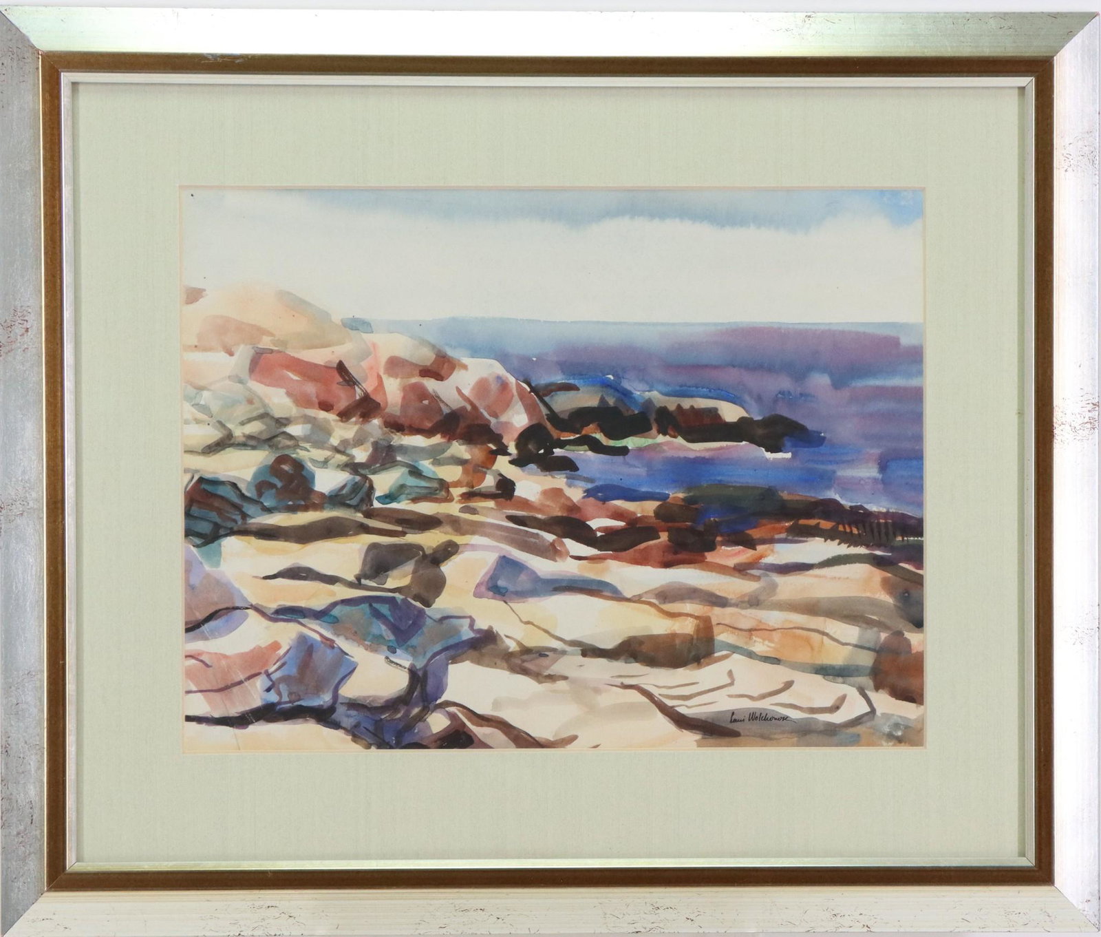 Louis Wolchonok (1898 - 1973): Watercolor, SLR. Coastal landscape. 9.5"h x 12.5"w sight and 16"h x 19"w framed