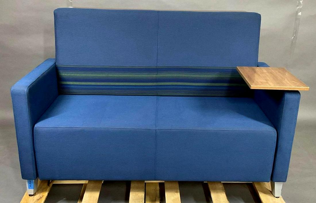 Kimball Villa Lounge Loveseat: Two-seat lounge with arms, wood tray table, and wood floating plateau surface. Blue upholstery. Measures 61"w x 39"d x 40.5"h. This item is not available for shipping. Pick-up is in Malvern, PA on Thu