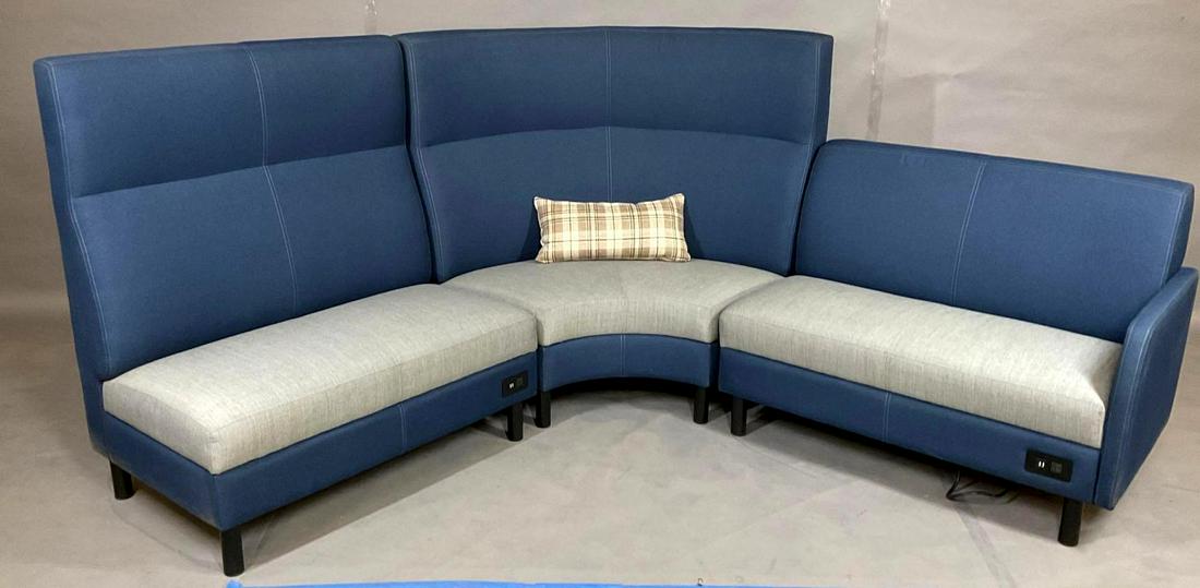 Kimball Villa Lounge Seating: Kimball (3) section lounge seating from the Villa collection, blue fabric with gray fabric seats and accent pillow. Crescent measures 60"w x 24"d x 49.25"h, Privacy-back two-seat lounge measures 44"w 