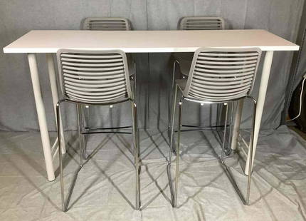 Counter Stools and Kimball Table: Kimball high table measuring 72"w x 22"d x 42"h and set of (4) counter stools made by Marcello Ziliani. Measures 17"w x 17"d x 42"h. This item is not available for shipping. Pick-up is in Malvern, PA