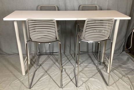Counter Stools and Kimball Table: Kimball high table measuring 72"w x 22"d x 42"h and set of (4) counter stools made by Marcello Ziliani. Measures 17"w x 17"d x 42"h. This item is not available for shipping. Pick-up is in Malvern, PA