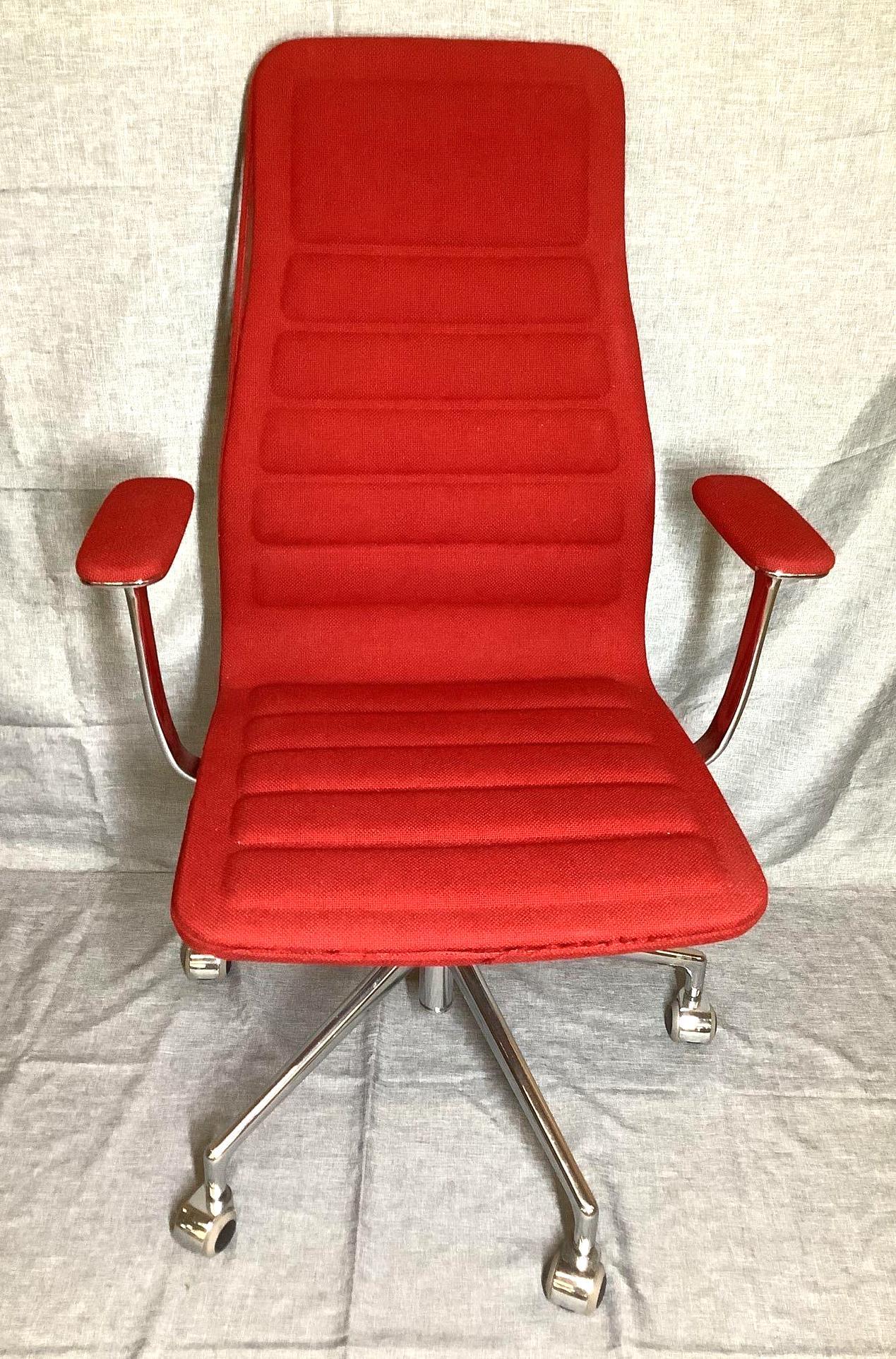 Haworth Cappellini Lotus Chair: Cappellini red Lotus High 5 Spokes Swivel Chair with armrests and castors. 20"w x 18"d x 43"h. This item is not available for shipping. Pick-up is in Malvern, PA on Thursday, September 22nd by appoint