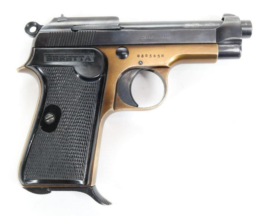 Beretta Model 948 Semi Automatic Pistol: 22LR, 3 1/4" bbl, SN 056543N. 95% blue finish on barrel and slide shows average handling, good bore, frame shows a straw/gold color proofed with circled S and 1955 on left side, checkered plastic grip