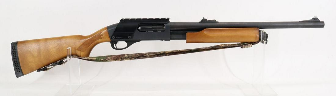 Remington 870 Express Super Magnum Slug Gun Pump Action Shotgun: 12Ga. 20" rifled barrel, 3" chamber, SN C144926A. 99% textured matte finish shows light handling, good bore, rifle sights with blued B-Square saddle style scope mount, checkered wood stock and forearm