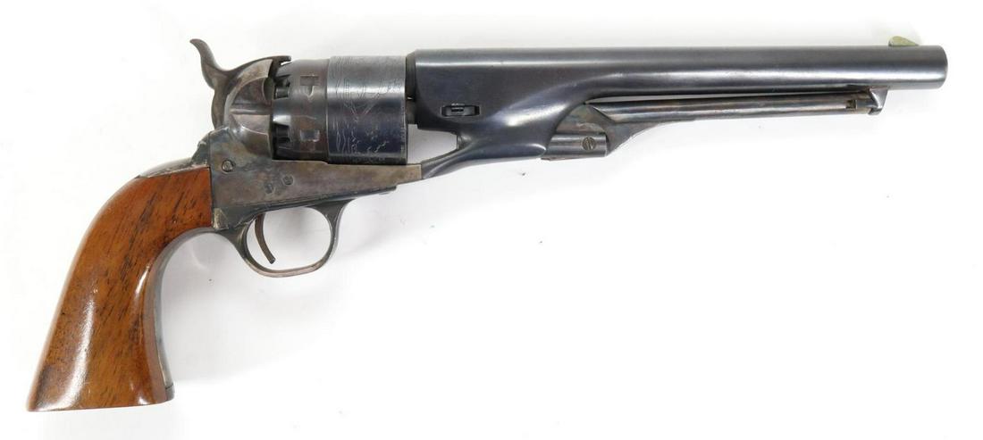 Belgian 1860 New Model Army Percussion Revolver: 44, 8" bbl, SN C264. 85% blue finish on barrel and cylinder shows general thinning, good bore, left side of barrel above barrel key shows crown over R and star over S over arrow, rabbeted cylinder wit