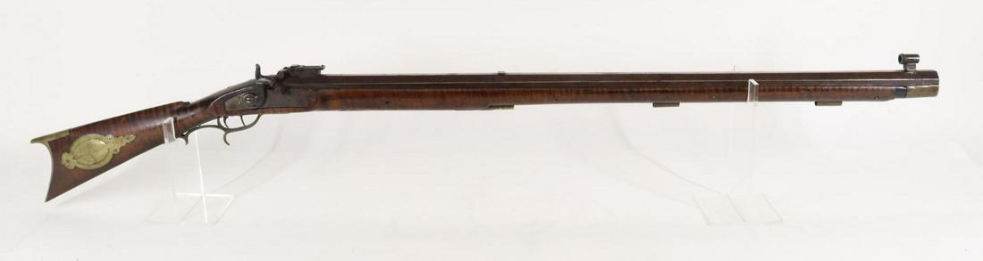 Antique Philipsburg Pa Percussion Target Rifle: .56 bore, heavy 1.28" 37" bbl, NSN. Dark brown patina, fair scaly bore, military style flip up ladder/peep rear sight marked Pat Nov 11 1919 Apr 27 1920 on left side of base with globe style front, to