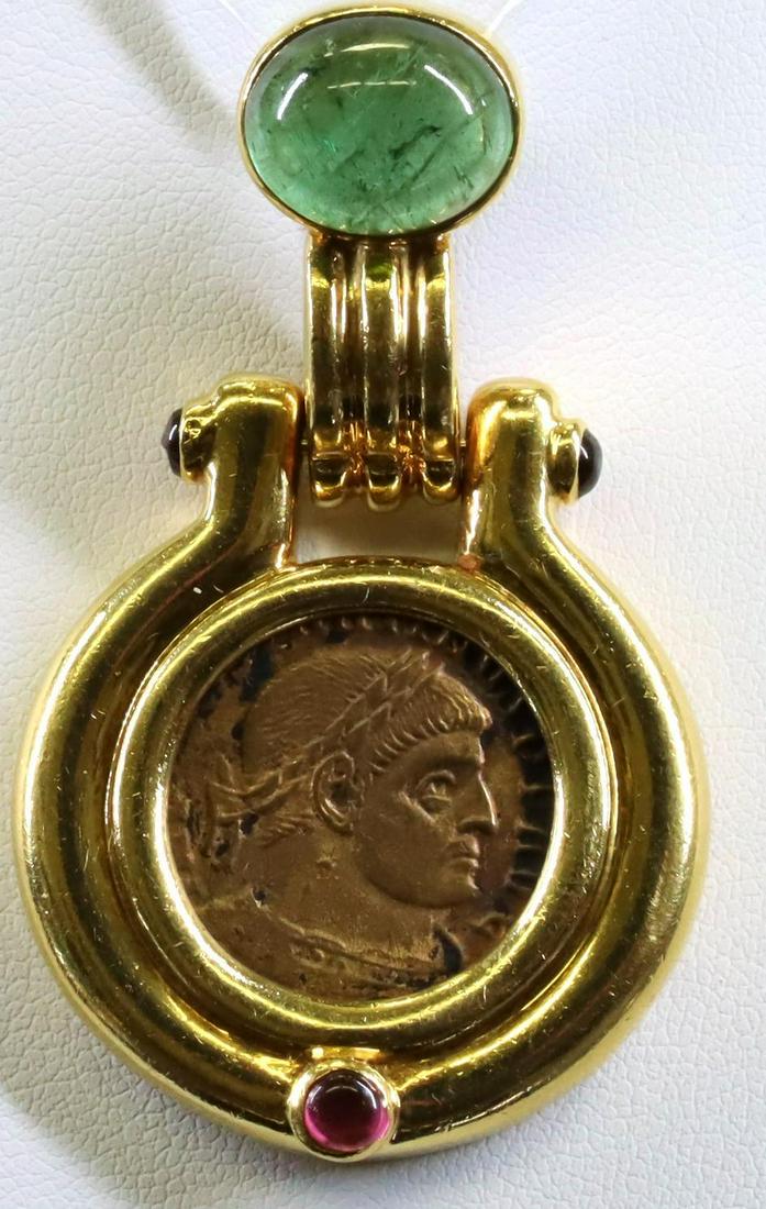 Gold, Copper Roman Coin, Tourmaline Pendant: Pendant in 18ky gold features a bezel set copper Constantine Roman Imperial coin, 27 B.C. to 476 A.D., 21.5mm diameter, condition good for the period although not authenticated. Bezel set accent stone