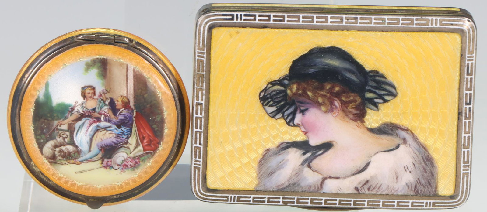 Guilloche Enamel Silver Compacts: Austro-Hungarian, 900 silver, rectangular compact with a portrait of a fashionable woman on a guilloche canary yellow background, gold wash interior, with makers mark "SF". 2.25" x 3.25", and 5.54 ozt