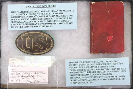 Civil War Artifacts Related to the 50th Pennsylvania Volunteer Infantry: Pair of American Civil War artifacts related to the 50th Pennsylvania Volunteer Infantry including; 1.) Infantry "US" belt plate (dug) with reverse solder scratched in Civil War period identification"