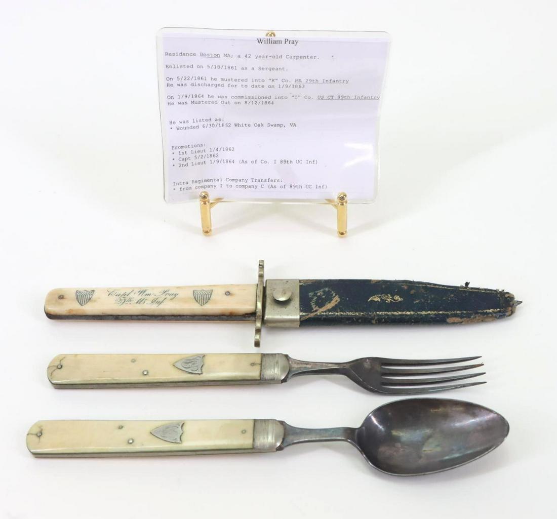 Bowie Knife and Eating Utensils-William Pray, 29th Massachusetts Infantry: Identified Sheffield Bowie knife and eating utensils belonging to William Pray an officer in the 29th Massachusetts Infantry and the 89 United States Colored Infantry. Grouping includes; 1.) Sheffield