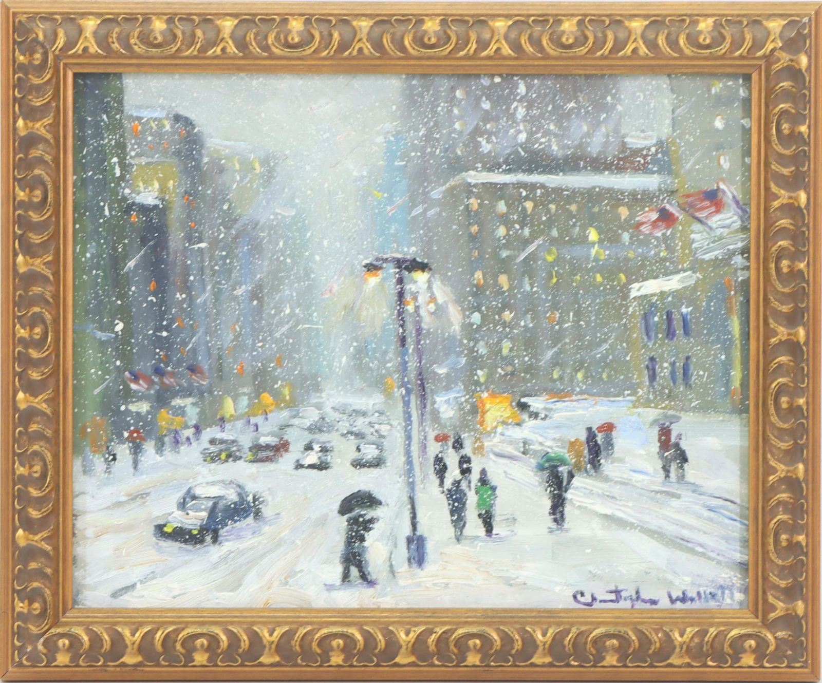 Christopher G. Willett (Born 1959): Oil on board, "By the N.Y.C Lybrary, N.Y.C", SLR. Blustery scene outside the famed library. 8"h x 10"w and 9.5"h x 11.5"w