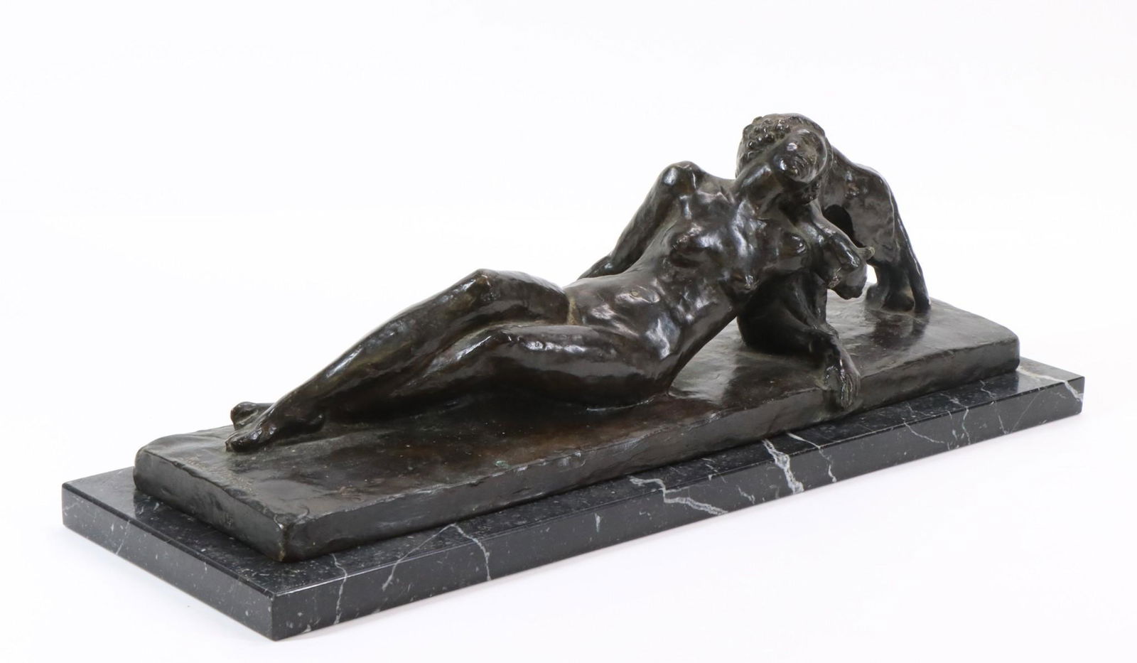 Paul Silvestre (1884 - 1976): French Art Deco bronze sculpture of a reclining nude female with a panther, signed at the base, also with Susse Freres foundry mark and "cire perdue (lost wax)" notation. Rests on a separate marble pl