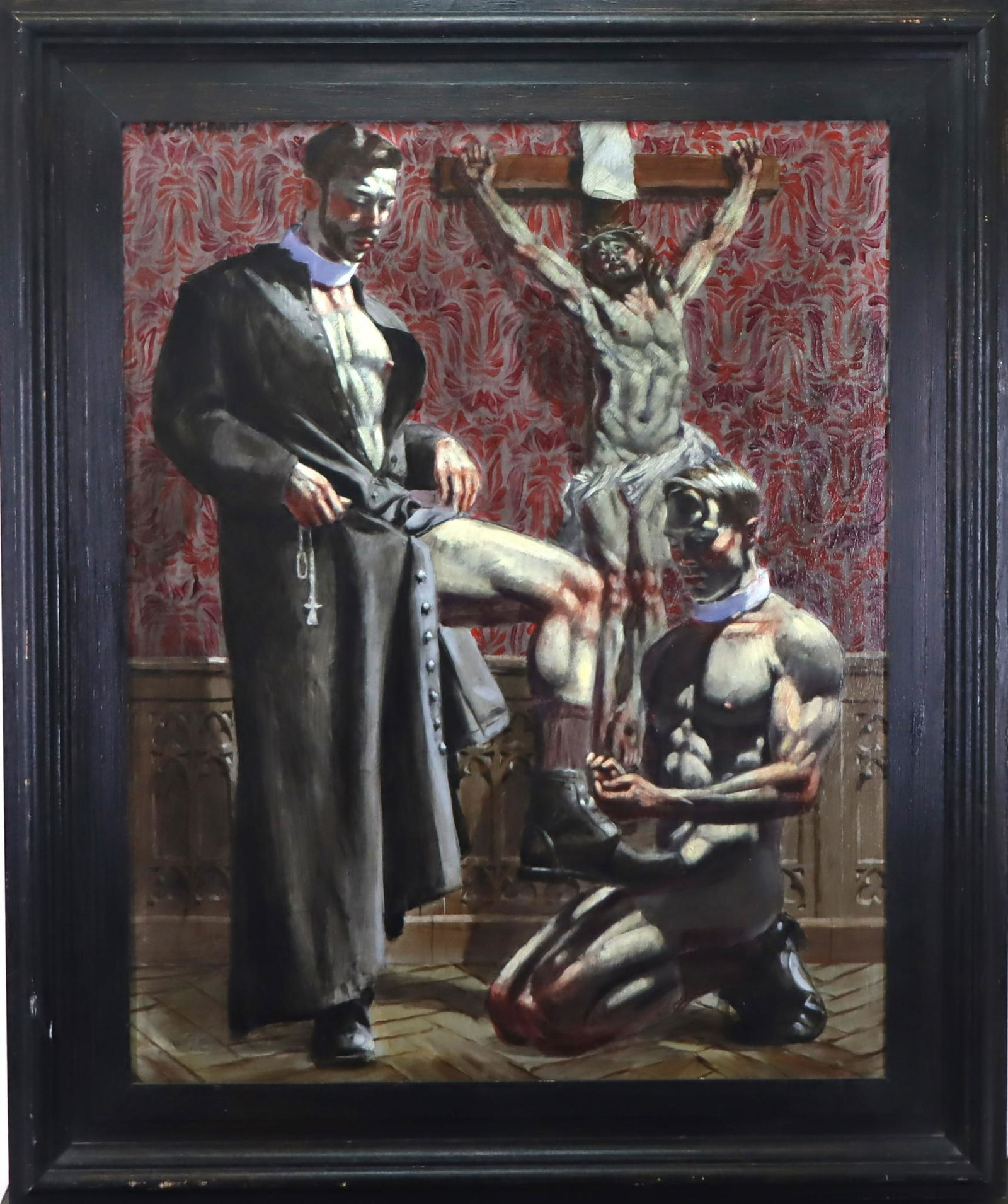 Mark Beard (Born 1956): Oil on canvas, "Two Priests", SUR Bruce Sargeant, stretcher titled and signed Bruce Sargeant (Mark Beard). 30"h x 24"w and 37"h x 31"w framed **Please Note: This item is NOT eligible for in-house ship