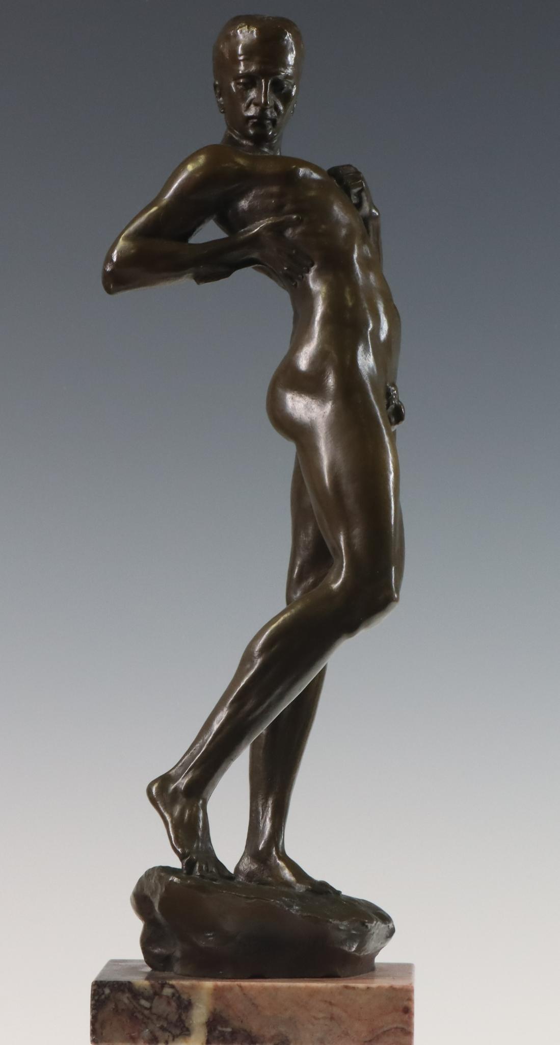 Reinhard Schnauder (1856 - 1923): Cast bronze, "Man Shot by Arrow", signed to base and cast by Guss v, Pirner & Franz. Figural male nude with arched back after being struck by an arrow. 12.5"h x 3.75"w x 3.25"d including plinth