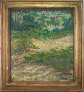 Attributed to Theodore Clement Steele (1847 - 1926): Oil on canvas, signed to stretcher en verso. Impressionist forest landscape. 18"h x 16"w and 22.5"h x 20.5"w