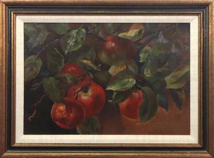 Attr. John F. Francis (1808 - 1886): Oil on board, Signed in pencil en verso John F. Francis Pinxit. Still life of ripening apples. 12"h x 17"w and 16"h x 21"w framed