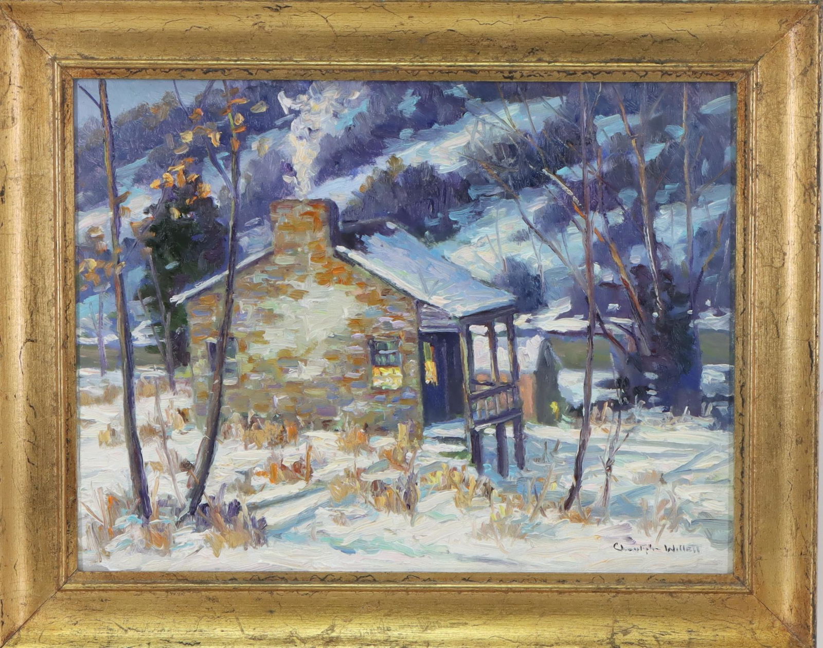 Christopher Willett (born 1959): Oil on board, "Along the Delaware, Point Pleasant, PA", SLR. Winter nocturne with a solitary cottage. 12"h x 16"w and 16"h x 20"w framed