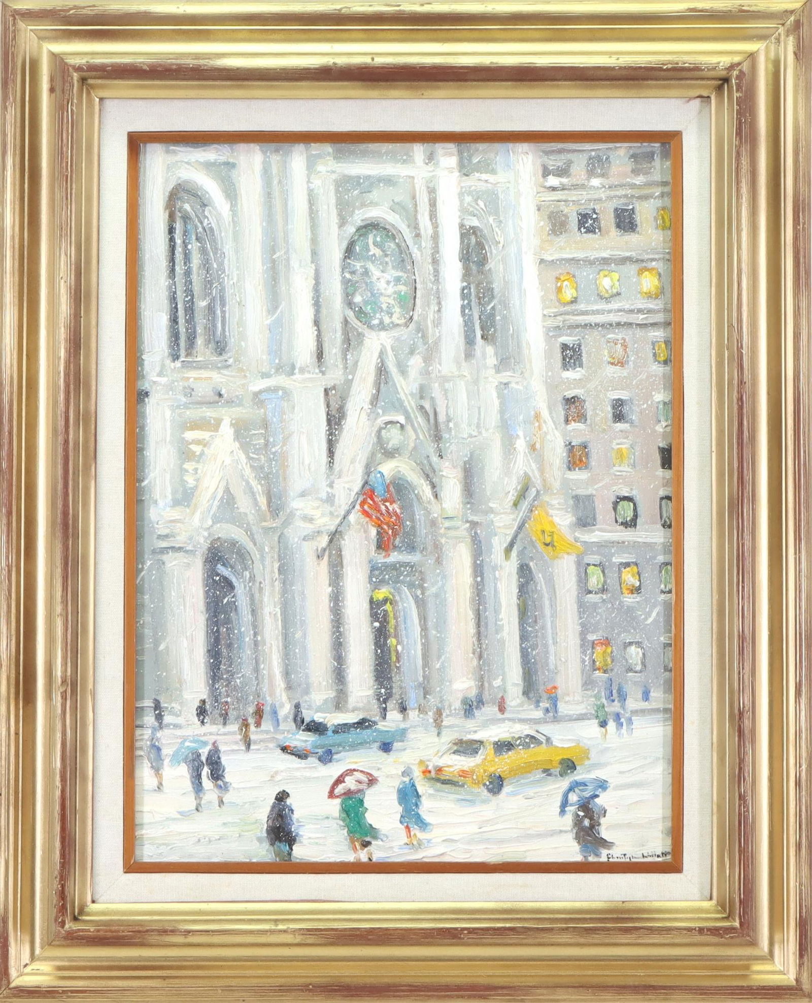 Christopher Willett (born 1959): Oil on board, "Sunday, front of St. Patricks", SLR. Snowy winter view of the front of the famed NYC cathedral. 16"h x 12"w and 22"h x 18"w