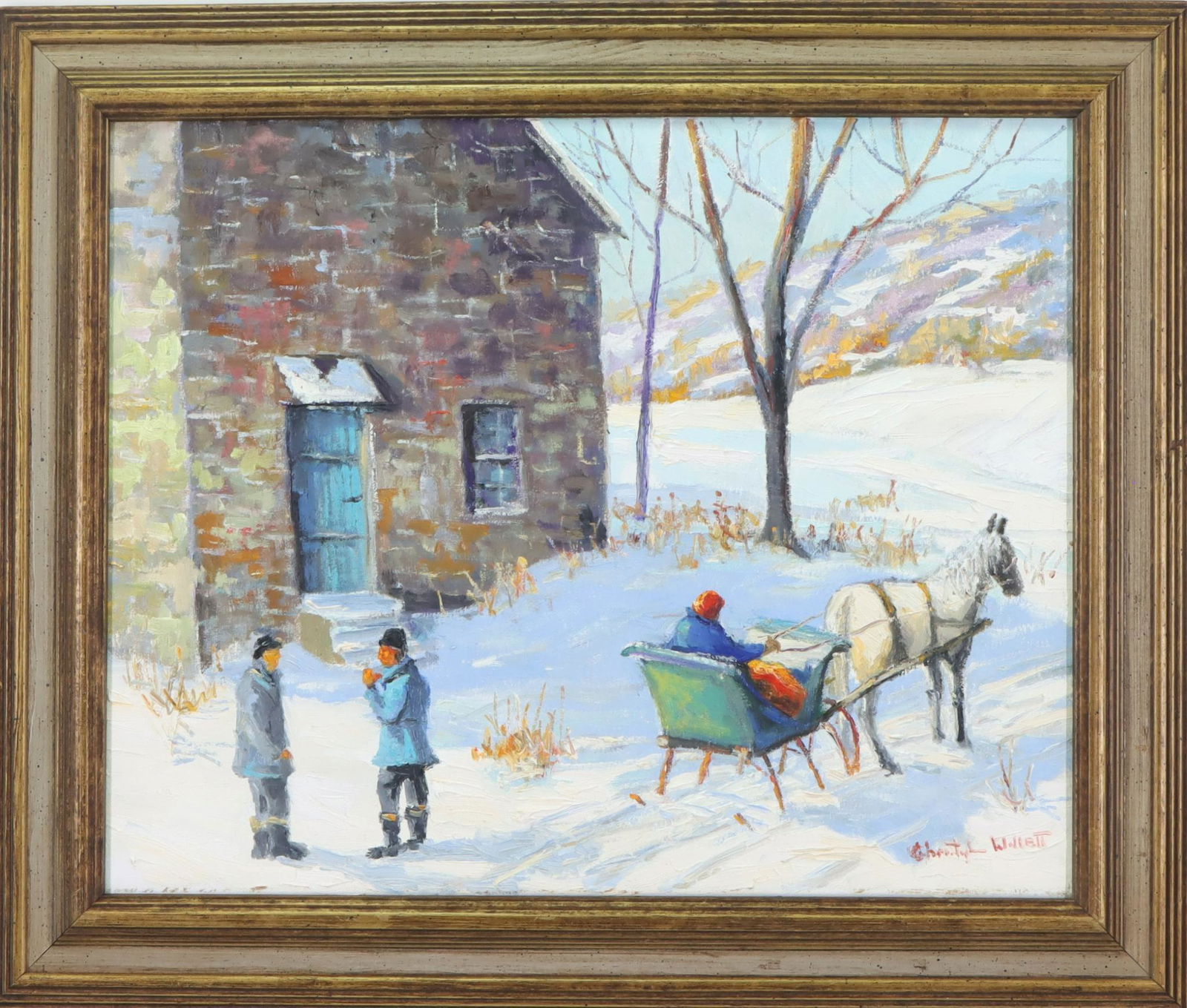 Christopher Willett (born 1959): Oil on canvas, "At the Mill, Tinicum", SLR. Winter of people interacting at the mill and a horse drawn sleigh. 16"h x 20"w and 20"h x 24"w