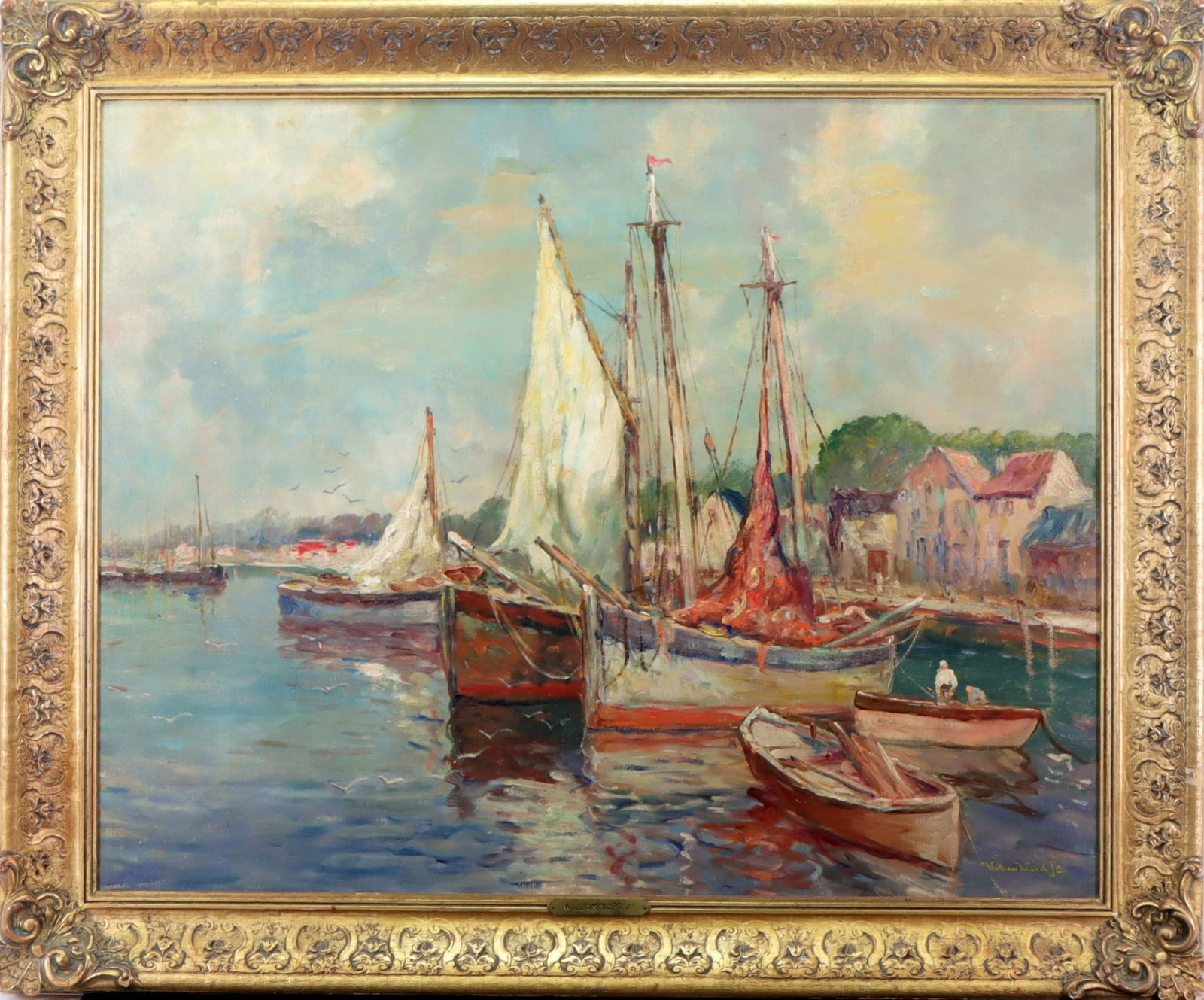 C. Hjalmar "Cappy" Amundsen (1911 - 2001): Oil on canvas, "Fishing Boats in a Harbor", SLR William Ward Jr. Scene of the moored ships from the water. Provenance: Newman Galleries. 24"h x 30"w and 29.5"h x 36"w framed **Please Note: This item i