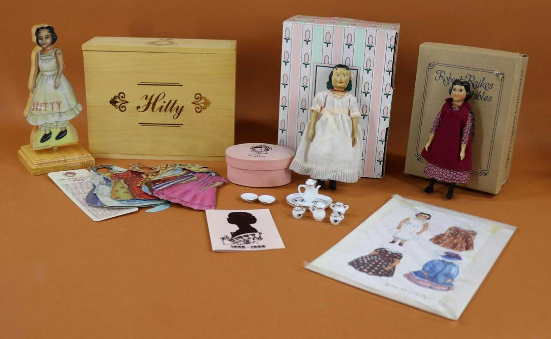 ARTIST DOLL(S).: HITTY Lot. MIB 6 1/4" wooden doll by artist Judy Brown. Hitty No. 294/300. 70th Anniversary Commemorative 1998 made by Collectible Concepts. 1929-1999. Comes with HITTY china tea set. 6 3/4" Wooden HI